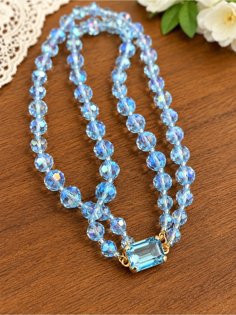 Vintage Blue Aurora Borealis Crystal Necklace – Double Strand Statement Piece